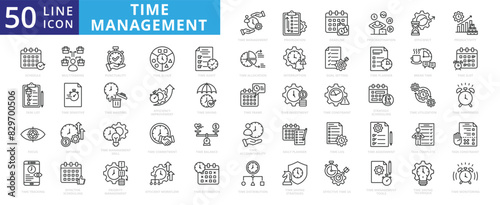 Time management icon set with prioritization, deadline, procrastination, efficiency, productivity, schedule, task list and focus.