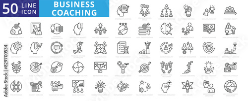 Business coaching icon set with communication skills, executive, solution, training, mentoring, problem solving, adaptability, business acumen, and strategic agility.