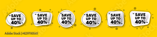 Save up to 40 percent. Speech bubble 3d icons set. Discount Sale offer price sign. Special offer symbol. Discount chat talk message. Speech bubble banners with comma. Text balloons. Vector photo