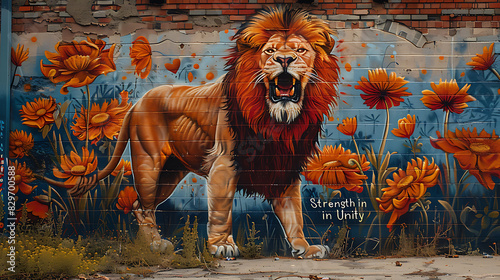 Graffiti artwork depicting powerful lion roaring with determination surrounded by the words Strength in Unity in dynamic typography symbolizing solidarity and collective empowerment photo