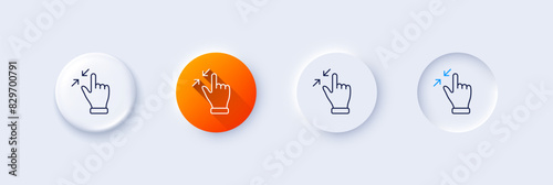 Touchscreen gesture line icon. Neumorphic, Orange gradient, 3d pin buttons. Zoom out sign. Action arrows symbol. Line icons. Neumorphic buttons with outline signs. Vector