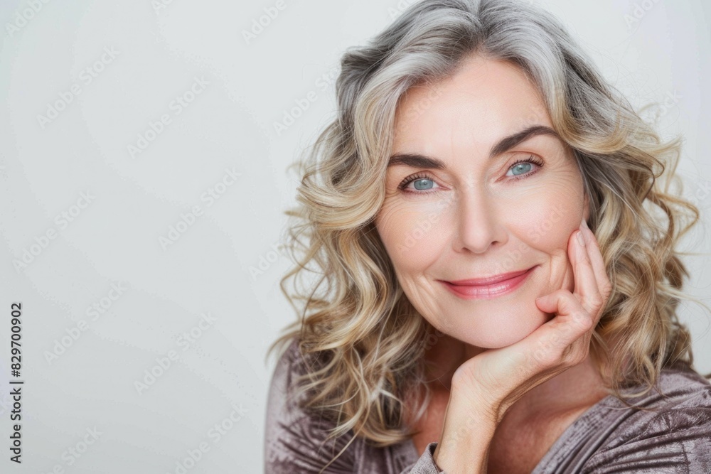 Beautiful Mature Woman. Portrait of 50s Aged Woman with Radiant Skin and Healthy Hair Beautiful Mature Woman. Portrait of 50s Aged Woman with Radiant Skin and Healthy Hair