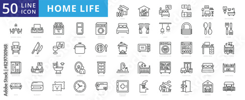 Home life icon set with bedroom, kitchen, living room, bathroom, dining table, chair, wardrobe, sofa, led tv and stove.