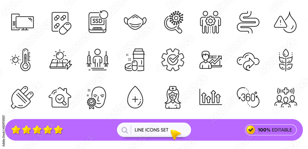 Cloud share, Medical drugs and Oil serum line icons for web app. Pack of Medical staff, Employees teamwork, Intestine pictogram icons. Cogwheel, Computer, Capsule pill signs. Gluten free. Vector