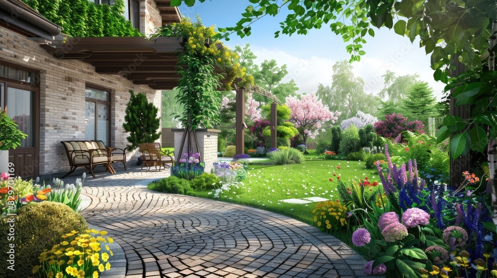 Landscaped Yard. Manicured Spring Summer Residential Yard with Blooming Botanical Decoration