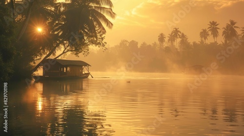 India Travel: Serene Backwaters of Kerala with Traditional House Boat at Golden Hour