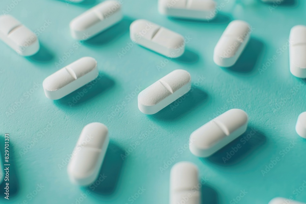 Pills On Table. White Medication Pills on Teal Background for Medical Concept Pills On Table. White Medication Pills on Teal Background for Medical Concept