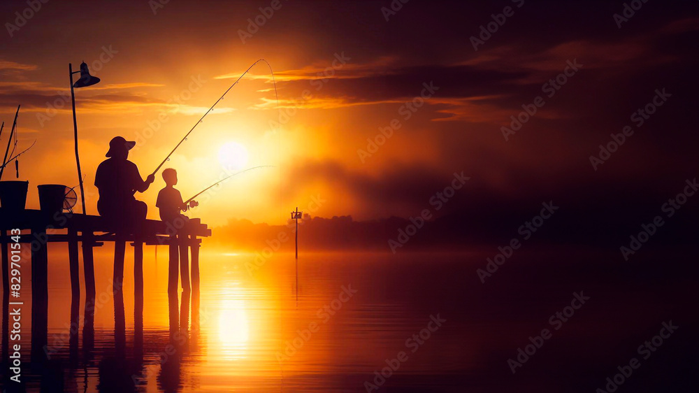 Fototapeta premium Silhouette of father and son fishermen fishing on a wooden bridge