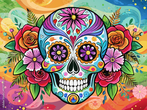 Day of the Dead colored skull adorned with flowers and swirls against a fiery background. Mexican Dia le los muertos inspired skull illustration with dynamic colors, floral skull