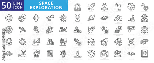 Space exploration icon set with astronaut, rocket, spacecraft, satellite, mars, mining, interstellar, galaxy and universe.
