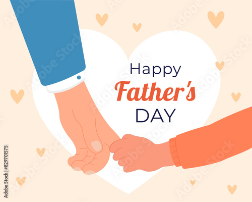 Happy father's day greeting card son hold father hand vector illustration