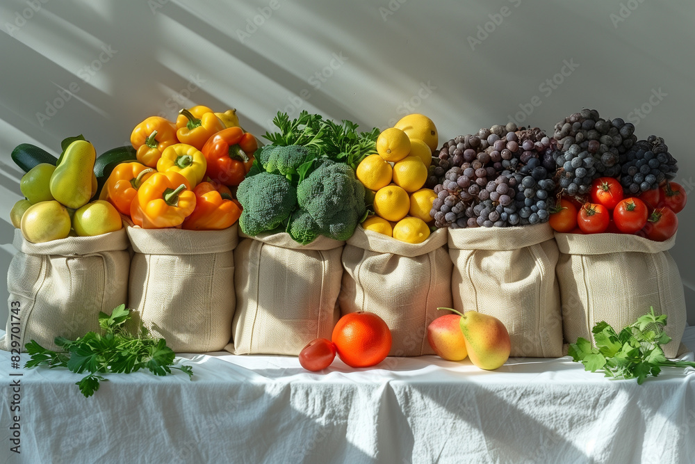 Fabric Produce Bags Filled with Fresh Fruits and Vegetables Fabric Produce Bags Filled with Fresh Fruits and Vegetables