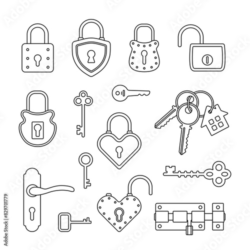 Locks and keys icon set. Key, keyhole and lock vector illustration. Log in and log out symbol. Security access logo concept.