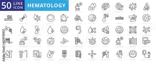 Hematology icon set with blood, red cell, white, platelet, anemia, hemoglobin, hematocrit, coagulation and leukemia.