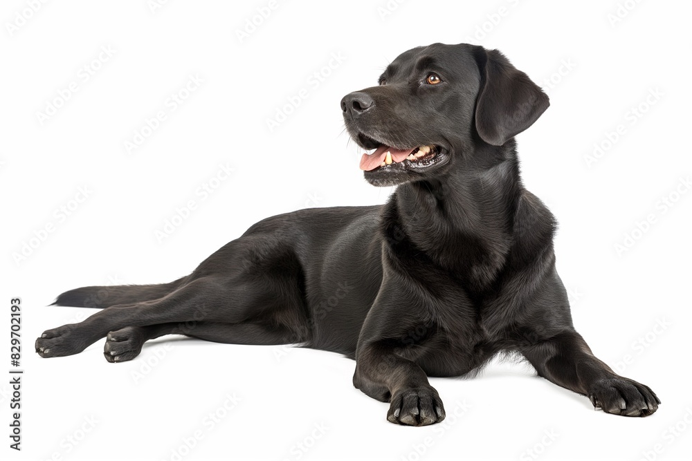 Fototapeta premium Full body studio portrait of a beautiful black Labrador dog. The dog is lying down and looking up over background of pastel shades, radiating charm and playfulness.