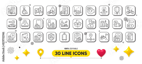 Delivery discount, Lighthouse and Petrol canister line icons pack. 3d design elements. Air balloon, Battery, Delivery report web icon. Online storage, Bumper cars, Station pictogram. Vector