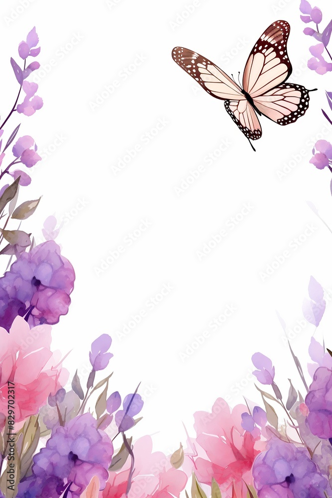 Beautiful floral border with purple and pink flowers and butterfly, perfect for invitations, greetings, or spring-themed designs. Beautiful floral border with purple and pink flowers and butterfly, perfect for invitations, greetings, or spring-themed designs.