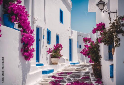White Cycladic houses with blue accents and vibrant magenta bougainvillea in a serene Greek island 