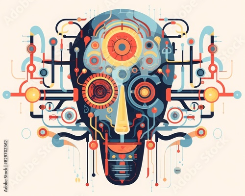Futuristic abstract illustration of a human skull with mechanical and electronic elements  representing AI and cyber technology.