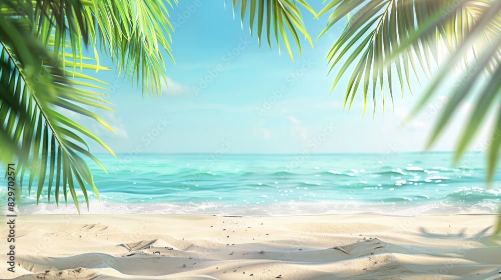 Tropical Paradise Beach Framed by Lush Green Palm Leaves and Clear Blue Skies