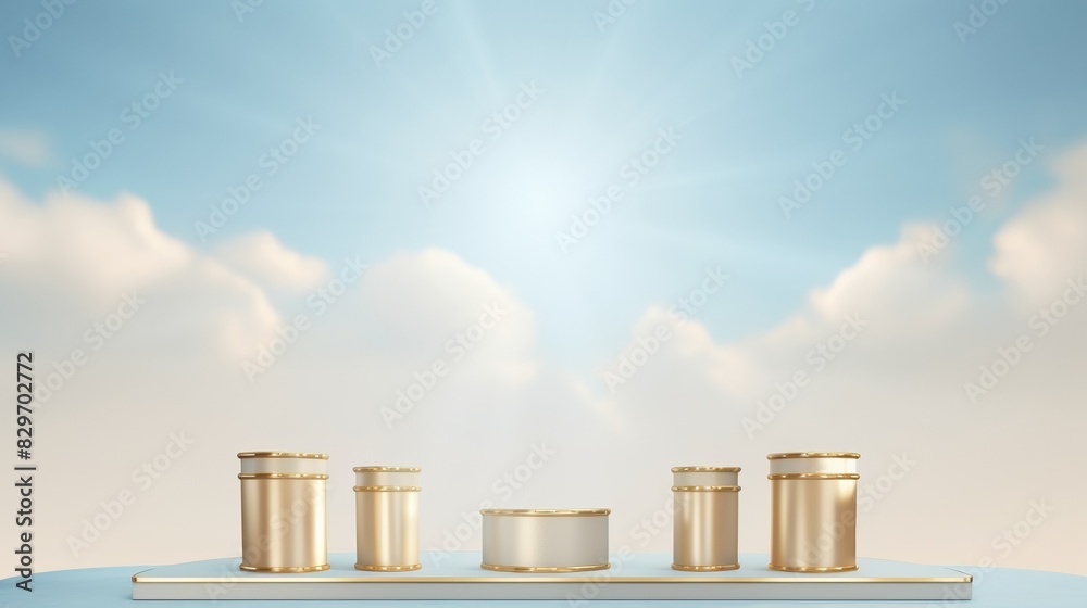 Elegant cosmetic containers on a light blue background with golden accents, under a serene sky with sunlight and soft clouds. Elegant cosmetic containers on a light blue background with golden accents, under a serene sky with sunlight and soft clouds.