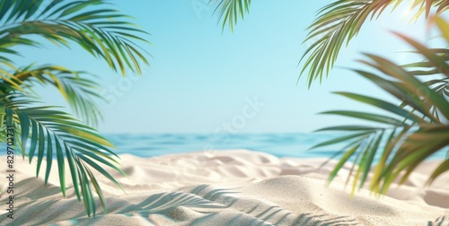 Tropical Paradise Beach Framed by Lush Green Palm Leaves and Clear Blue Skies