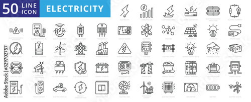 Electricity icon set with electromagnetic radiation, charger flow, lightning strike, static, induction, electric current and electromagnetic radiation.