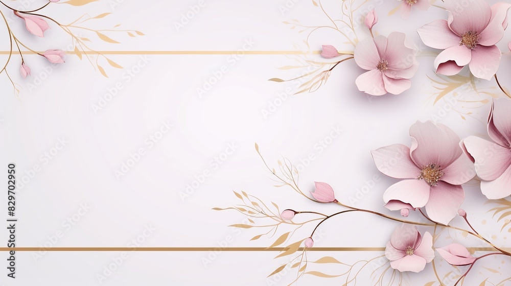 Elegant floral background with pastel pink flowers and golden accents, perfect for invitations and stationery design.