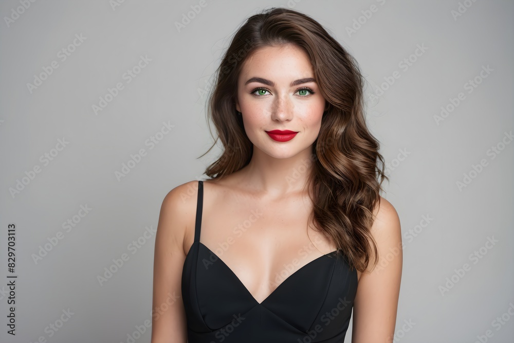Beautiful woman with long way brown hair, green eyes, and red lips wearing elegant black dress on a dark background, studio shot