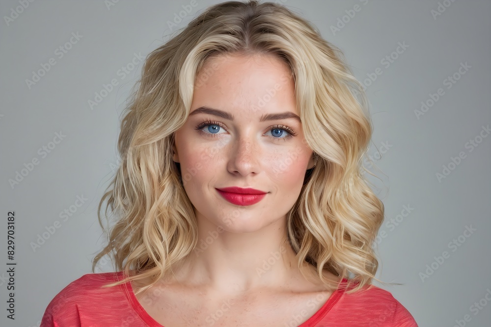 Beautiful woman with way blonde hair, and red lips wearing a red t-shirt on a gray background, studio shot
