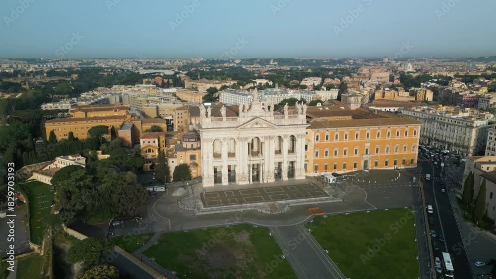 Drone Flies Away from Archbasilica of Saint John Lateran. Rome, Italy Drone Flies Away from Archbasilica of Saint John Lateran. Rome, Italy