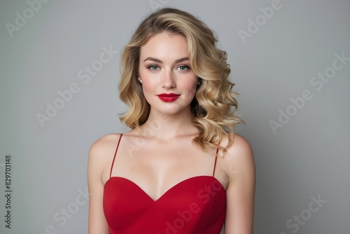 Portrait of a beautiful woman with long way blonde hair, and red lips wearing elegant red dress on a gray background, studio shot