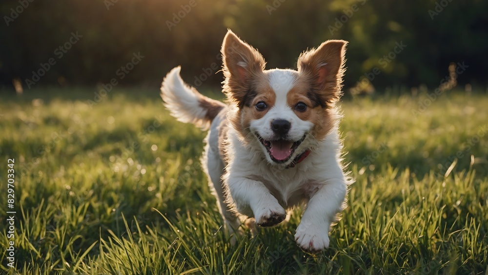 Cute happy dog running in the grass. summer concept background Cute happy dog running in the grass. summer concept background