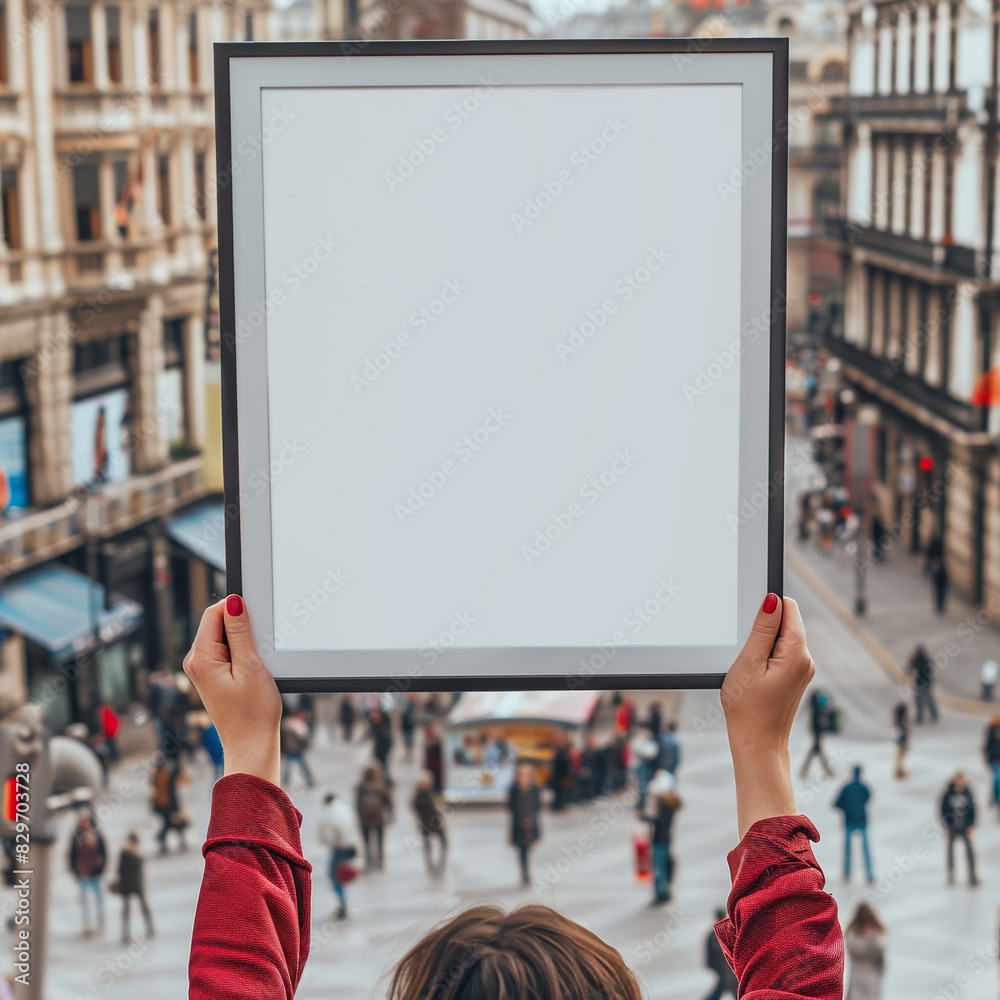 Obraz premium Busy city square backdrop with a woman holding a large blank digital frame.