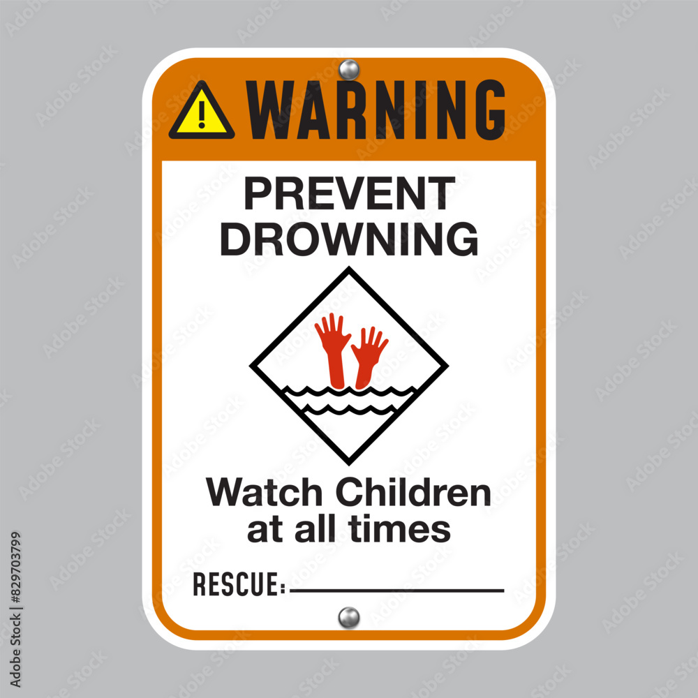 Warning: Prevent Drowning Watch Children At All Times Sign with Graphic. Eps10 vector illustration