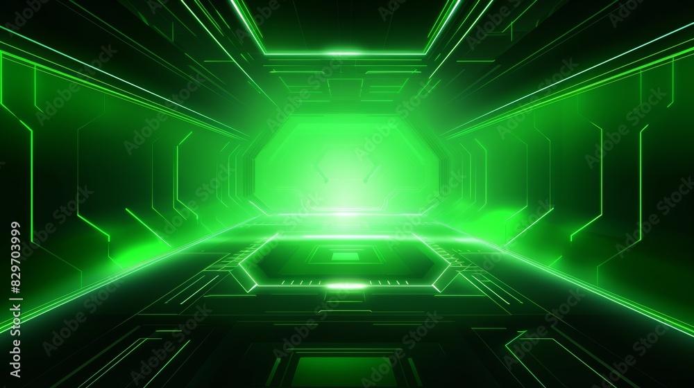 Futuristic glowing green tunnel with neon lights and geometric patterns, conveying an advanced sci-fi atmosphere and technological aesthetics. Futuristic glowing green tunnel with neon lights and geometric patterns, conveying an advanced sci-fi atmosphere and technological aesthetics.