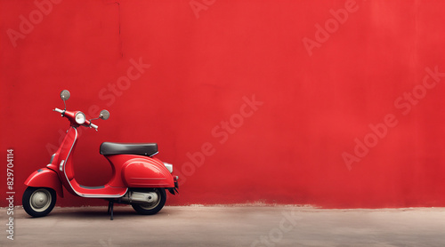 A vintage red scooter parked against a red wall  copy space