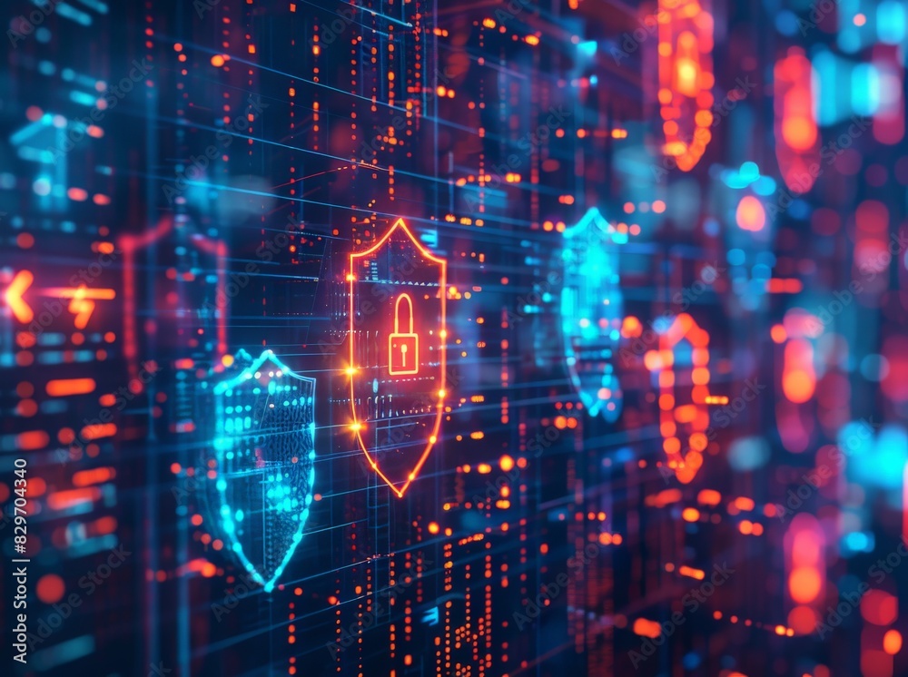 Glowing blue and red shield icons on dark blue background. Futuristic cyber security concept. Glowing blue and red shield icons on dark blue background. Futuristic cyber security concept.