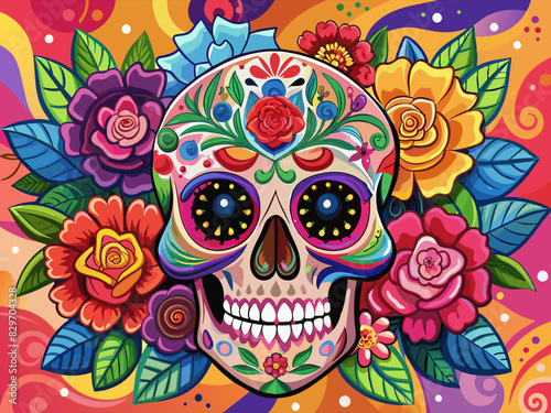 Day of the Dead colored skull adorned with flowers and swirls against a fiery background. Mexican Dia le los muertos inspired skull illustration with dynamic colors, floral skull