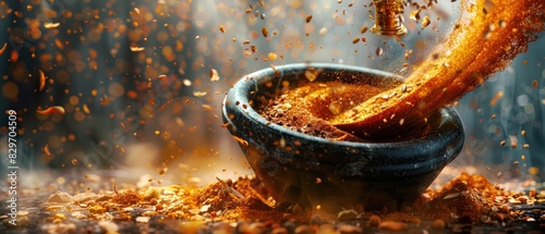 Fototapeta Naklejka Na Ścianę i Meble -  Abstract composition of spices swirling around a digital mortar and pestle, capturing the dynamic process of grinding spices