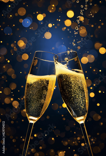 Two glasses of champagne on a dark background with bokeh