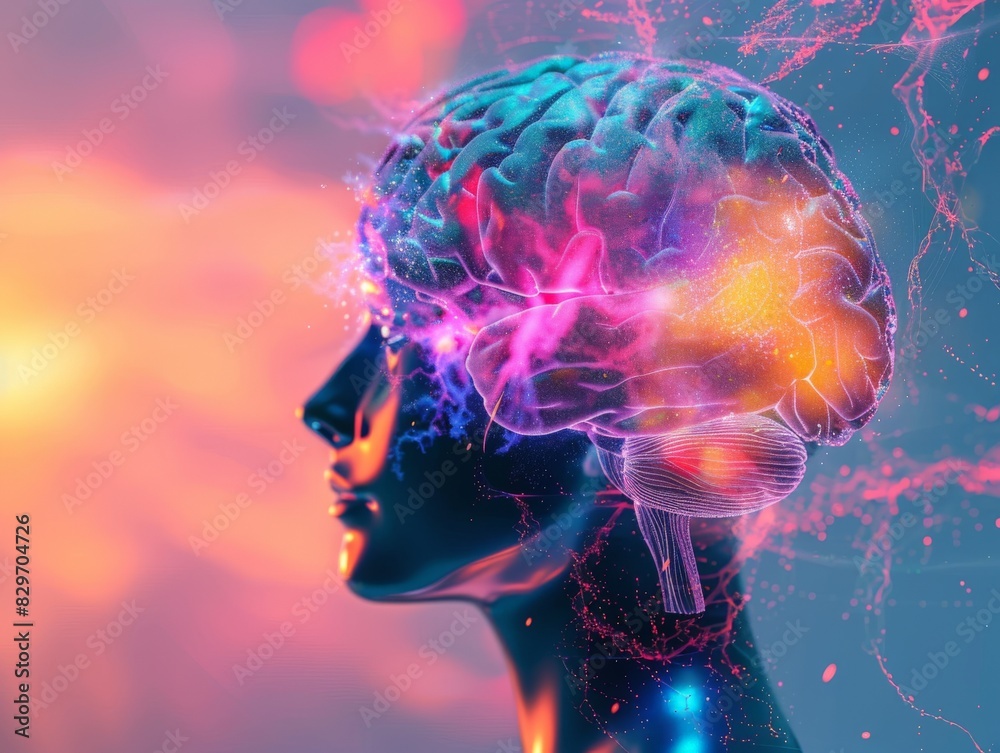 Obraz premium The image shows a human brain with a colorful gradient. The brain is surrounded by a colorful mist and has a glowing effect.