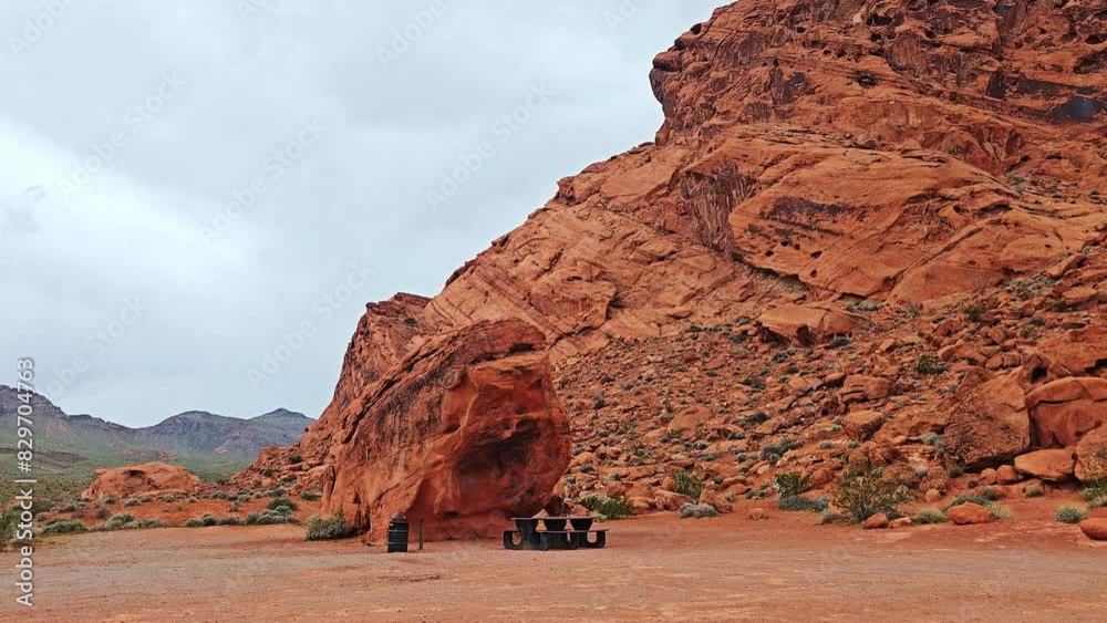 Lone Rock at the Valley of Fire in Nevada, Picnic Area. Slow Panning Shot. USA.