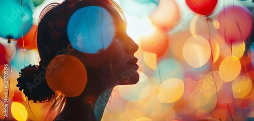double exposure Thoughtful woman looking at colorful balloons.