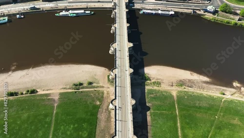 Aerial Shot of Bridge in City of Dresden, Germany. 4K Drone Augustusbrucke photo