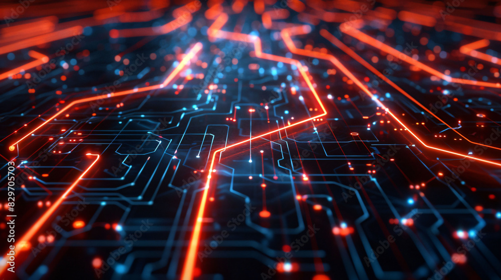 Glossy black surfaces with glowing red and blue neon lines, depicting a high-speed data network in motion. Glossy black surfaces with glowing red and blue neon lines, depicting a high-speed data network in motion.