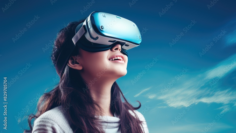 child experiences game in VR headset on colorful background. A child uses a gaming gadget for virtual reality. Futuristic glasses at a young age. Virtual technologies child experiences game in VR headset on colorful background. A child uses a gaming gadget for virtual reality. Futuristic glasses at a young age. Virtual technologies