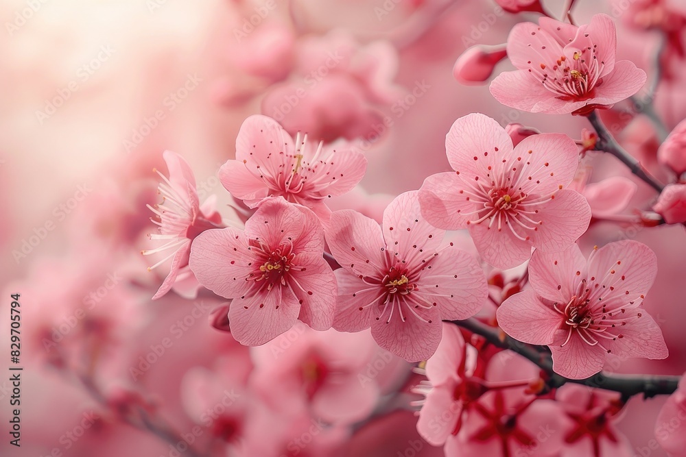 Obraz premium Beautiful close-up of pink cherry blossoms in full bloom with soft sunlight. Perfect for spring and floral themes in designs.