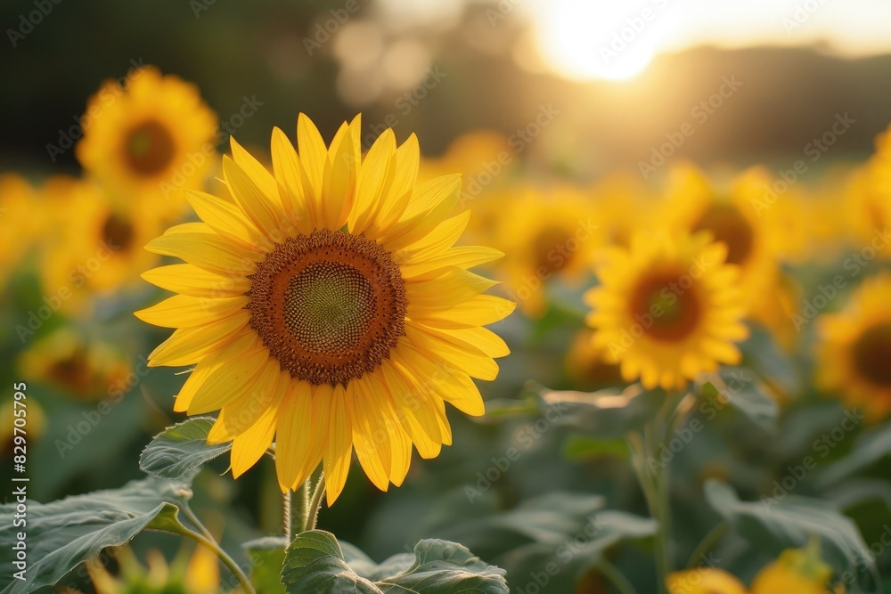 Fototapeta premium Beautiful field of sunflowers in full bloom during a warm sunset, capturing the serenity and vibrancy of nature.