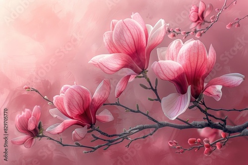 Beautiful blooming pink magnolia flowers on branches with soft blurred background, capturing the essence of spring and elegance.